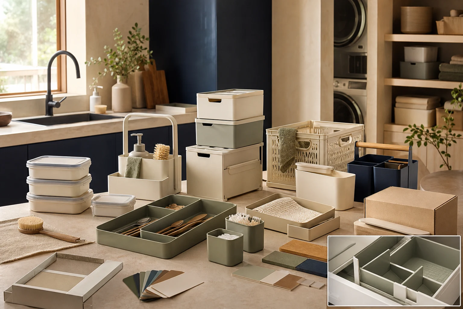 Editorial YAMDA direction showing coordinated home organisation, kitchen convenience, and household utility product forms