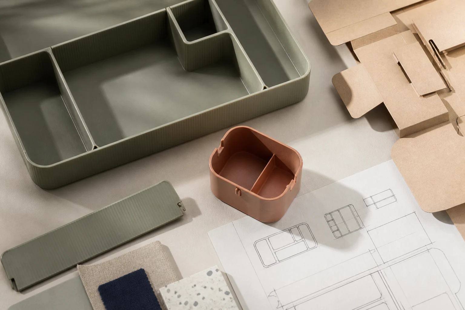 Close editorial view of modular home organisation prototypes, material samples, and packaging development
