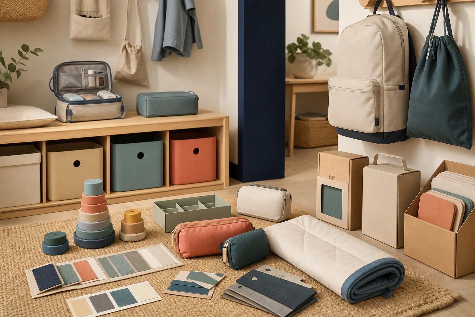Editorial YUMA direction showing family organisation, travel accessories, and purposeful activity product forms
