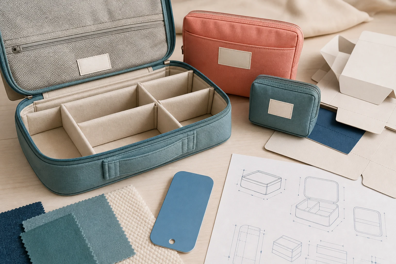 Close editorial view of a family travel organiser, accessory pouches, textiles, and packaging development