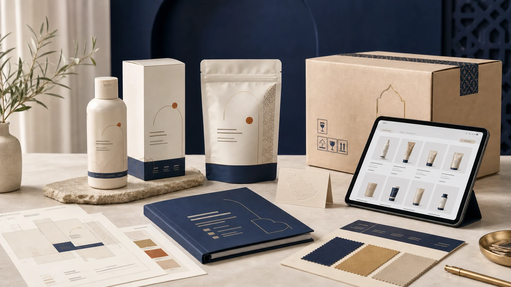 Editorial GCC market-entry concept with neutral packaging, regional map, commerce screen, and operational documents