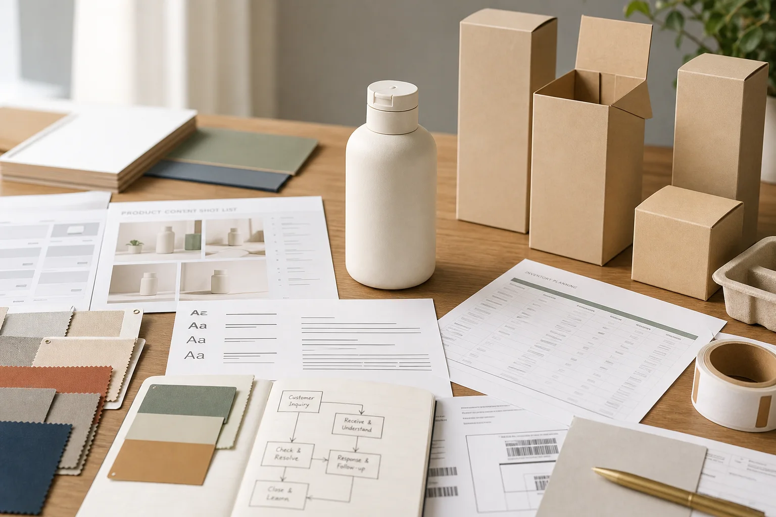 Neutral product prototype, blank packaging, material system, generic commerce preparation, and operational documents