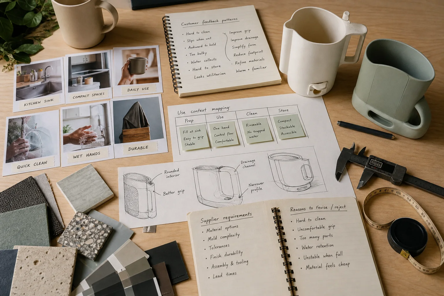 Consumer-product research notes, use-context mapping, material samples, measurement tools, and unfinished prototypes