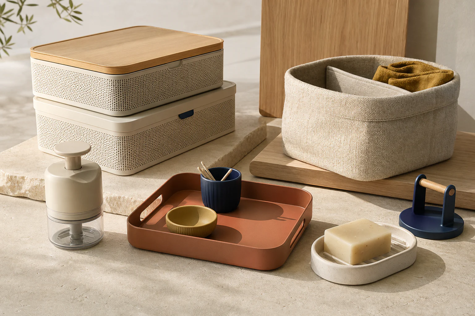 Editorial category concept showing organized home and lifestyle products in warm natural light