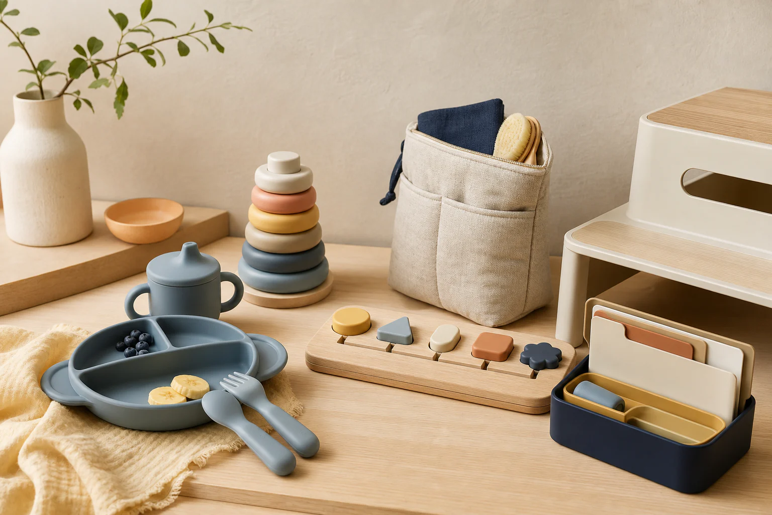 Editorial category concept showing practical children and family products on a warm tabletop